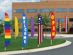 Open Feather Attention Flags are fully sewn** using Nylon material for durability. Each feather flag is finished with a pole sleeve header designed to accept up to a 2" outside diameter pole. A leather tab is sewn into the inside bottom portion of the header allowing a nylon flag tie (included) to secure the flag onto the pole.  Made in the U.S.A.